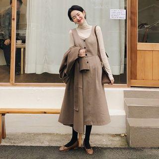 Set: High Neck Knitted Top + V-neck Button Pinafore Dress