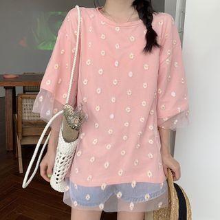 Set: Elbow-sleeve T-shirt + Floral Embroidered Mesh Top