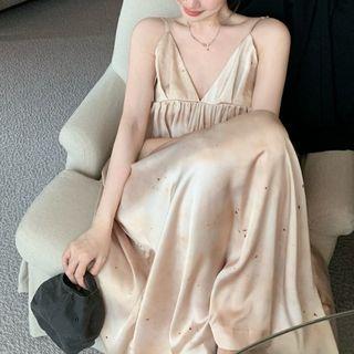V-neck Spaghetti Strap Dress Almond - One Size