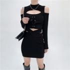 Cold-shoulder Lace-up T-shirt / Cutout A-line Skirt