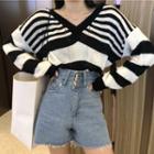 Striped V-neck Loose-fit Knit Top As Figure - One Size
