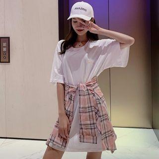 Set: 3/4-sleeve Letter Mini T-shirt Dress + Plaid Scarf