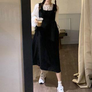 Long-sleeve Frill Trim Mock-neck Blouse / A-line Midi Pinafore Dress
