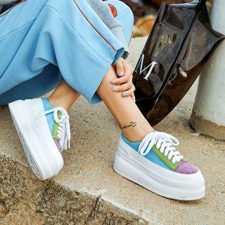 Genuine Leather Color Block Platform Lace-up Shoes