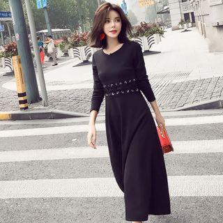 Long-sleeve Lace-up A-line Midi Dress
