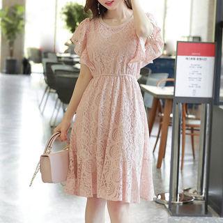Flutter-sleeve Ruffle-hem Midi Lace Dress