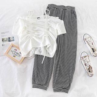 Set: Drawstring Top + High-waist Wide-leg Pants