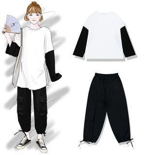 Color Block Long-sleeve T-shirt / Drawstring Cropped Harem Pants