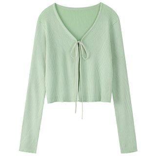 Long-sleeve Plain Tie-strap Cropped Cardigan