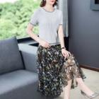 Set: Short-sleeve Knit Top + Print Skirt