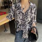 Short-sleeve Floral Print Chiffon Shirt Black - One Size