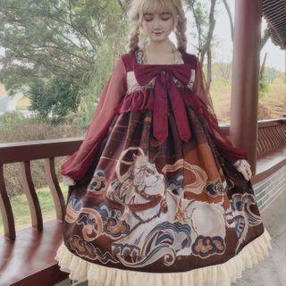 Printed Ribbon Long-sleeve A-line Dress
