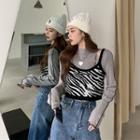 Long-sleeve Contrast Trim T-shirt / Zebra Print Knit Camisole Top