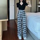 Short-sleeve V-neck T-shirt / High-waist Plaid Asymmetrical Wide-leg Pants