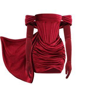 Set: Off-shoulder Ruched Sheath Dress + Gloves
