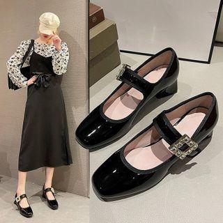 Rhinestone Buckle Chunky Heel Mary Jane Pumps / Flats
