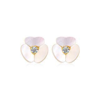 Sterling Silver Plated Gold Fashion Simple Flower Fritillary Stud Earrings With Cubic Zirconia Golden - One Size