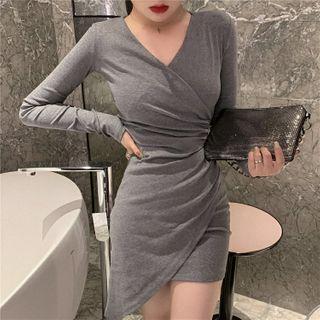 Pinstriped Cropped Blazer / Long-sleeve Irregular Hem Mini Bodycon Dress