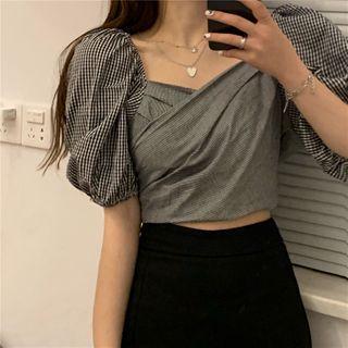 Puff-sleeve Crisscross Plaid Drawstring Back Cropped Top / High-waist Plain A-line Skirt