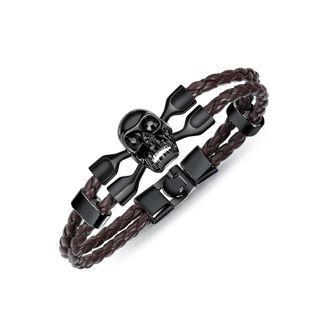 Fashion Personality Plated Black Skull Cubic Zirconia Double Layer Brown Leather Bracelet Black - One Size