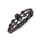 Fashion Personality Plated Black Skull Cubic Zirconia Double Layer Brown Leather Bracelet Black - One Size