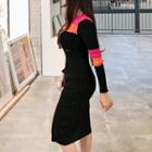 Long-sleeve Color Block Midi Sheath Dress
