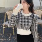 Long-sleeve Round Neck Check Cropped Sweater