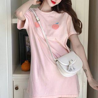 Short-sleeve Peach Print T-shirt / A-line Midi Skirt
