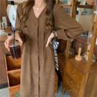 Long-sleeve V-neck Plain Corduroy Dress