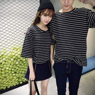 Couple Matching Stripe Elbow-sleeve T-shirt