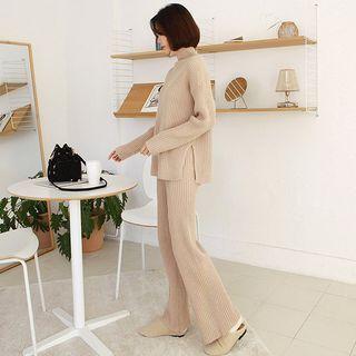 Rib-knit Set: Turtle-neck Top + Band-waist Pants