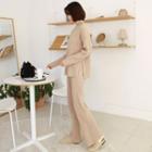 Rib-knit Set: Turtle-neck Top + Band-waist Pants