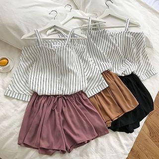 Set: Off-shoulder Striped Top + Plain High-waist Shorts