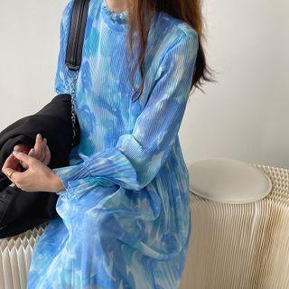 Printed Long-sleeve Midi Shift Dress Blue - One Size