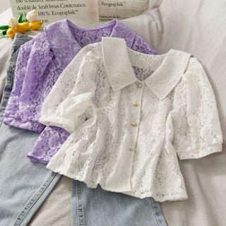 Pearl-button Short-sleeve Lace Shirt