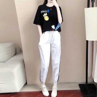 Set: Short-sleeve Lettering Printed T-shirt + High-waist Printed Pants