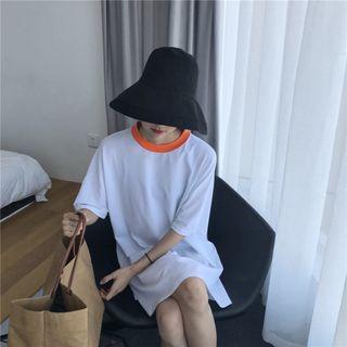 Contrast Neck Elbow-sleeve Long T-shirt