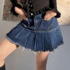 Heart Pocket Fringe High-waist Denim Skirt