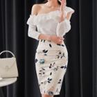 Set: Cold Shoulder 3/4-sleeve Frilled Top + Floral Print Pencil Skirt