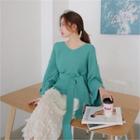 V-neck Wide-sleeve Rib-knit Top With Sash