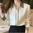 Long-sleeve Collared Lace Trim Panel Plain Blouse