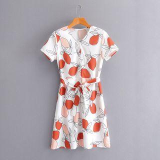 Fruit Print Short-sleeve V-neck A-line Mini Dress