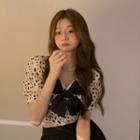 Short-sleeve Leopard Print Bow Crop Top / Mini A-line Skirt