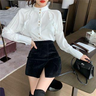 Stand-collar Ruffle Trim Blouse White - One Size