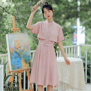 Plain Button-front Short-sleeve Dress