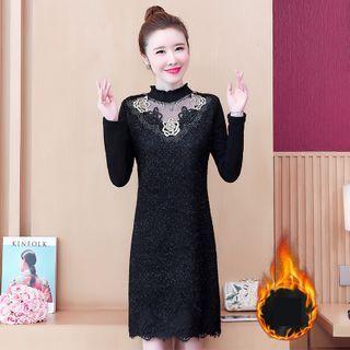 Long-sleeve Mesh Panel Mock-neck Lace Sheath Dress