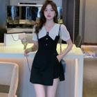 Set Of 2: Peter Pan-collar Short-sleeve Bow Panel Dress + High-waist Plain Shorts