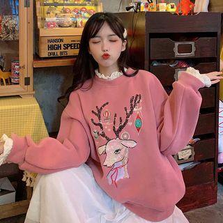 Ruffle Cuff Sequined Deer Pullover