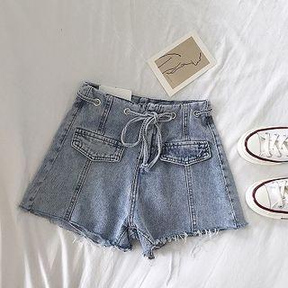 High-waist Lace-up Frayed Denim Shorts