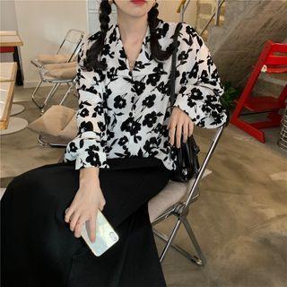 Long-sleeve Floral Blouse / Plain Midi A-line Skirt